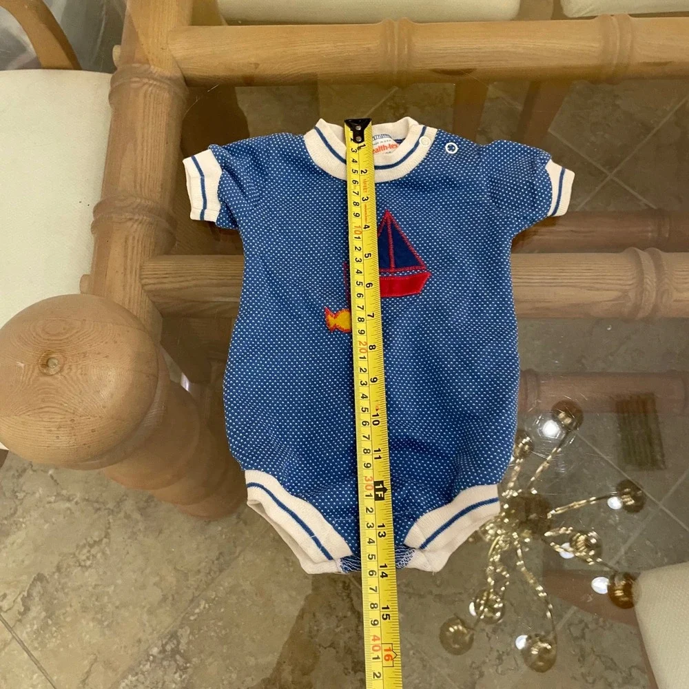 Vintage Health-tex Baby Romper 6 Months Blue Knit Sailboat Made in USA 70s 80s‎